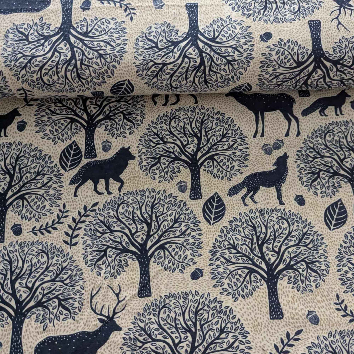 Deer and Wolf with Bue Trees FLANNEL on Cream