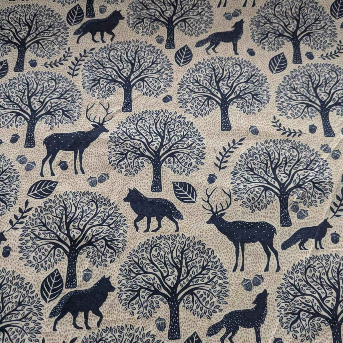 Deer and Wolf with Bue Trees FLANNEL on Cream