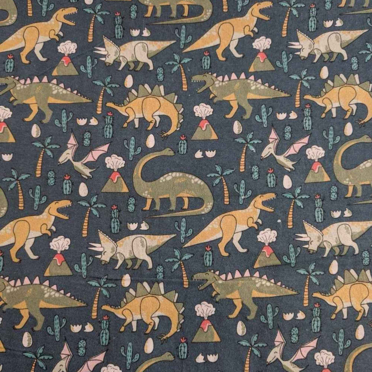 Dinosaur Adventure Cotton FLANNEL – Dark Green | Volcano, Palm Tree and Dino Print