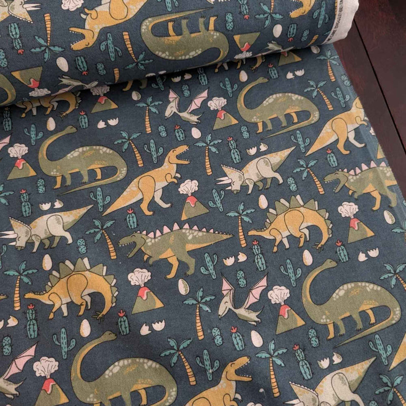 Dinosaur Adventure Cotton FLANNEL – Dark Green | Volcano, Palm Tree and Dino Print