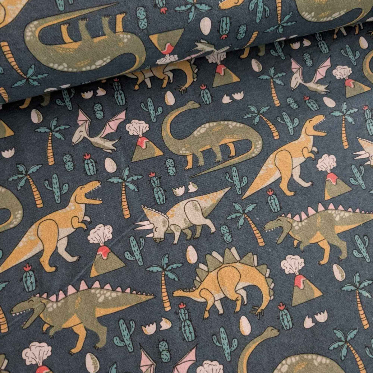 Dinosaur Adventure Cotton FLANNEL – Dark Green | Volcano, Palm Tree and Dino Print