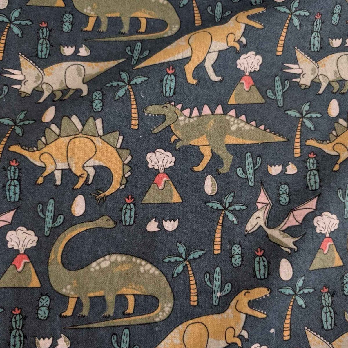 Dinosaur Adventure Cotton FLANNEL – Dark Green | Volcano, Palm Tree and Dino Print