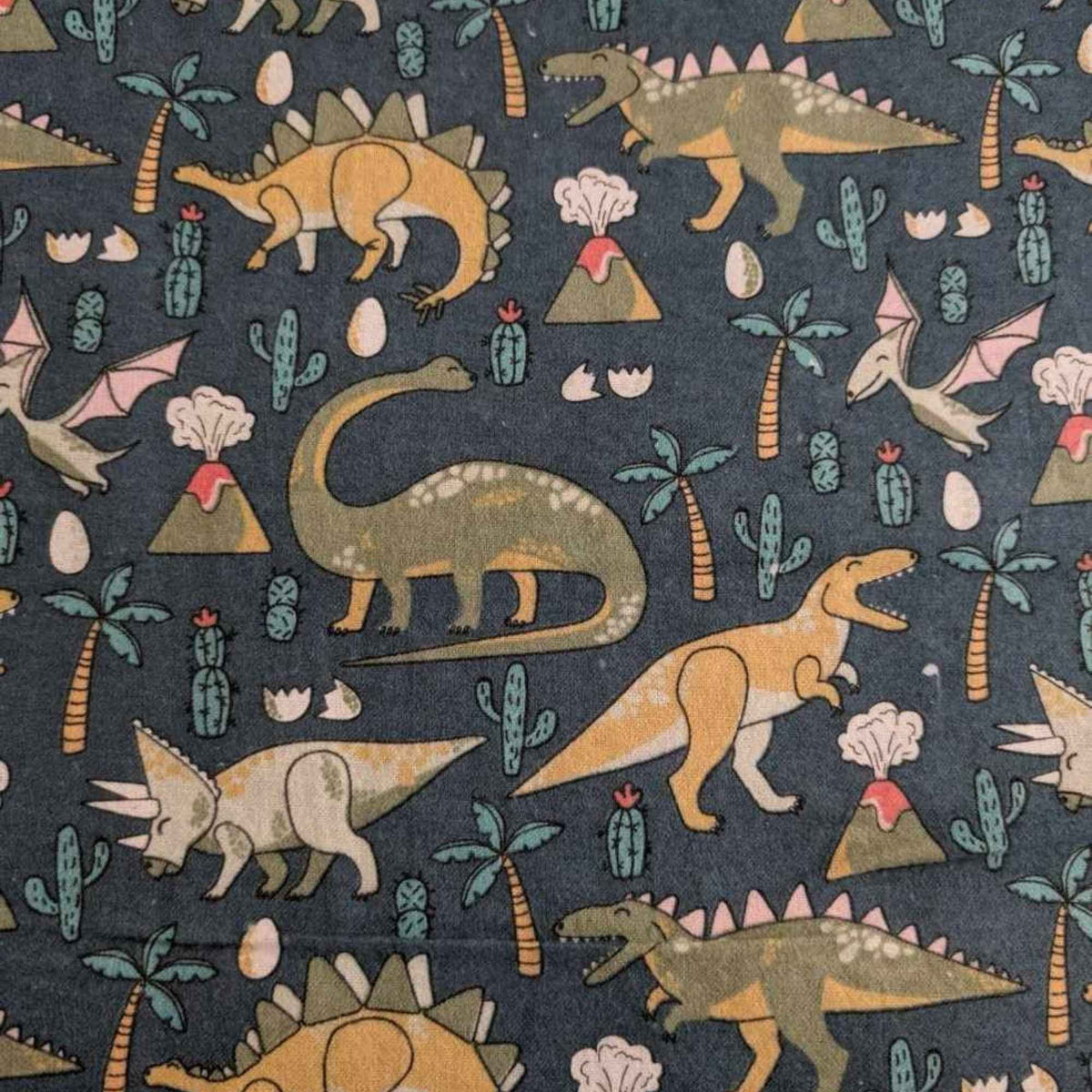 Dinosaur Adventure Cotton FLANNEL – Dark Green | Volcano, Palm Tree and Dino Print