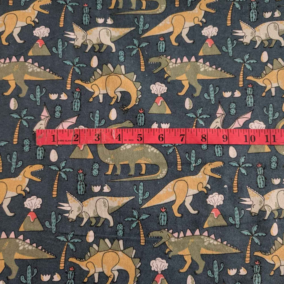 Dinosaur Adventure Cotton FLANNEL – Dark Green | Volcano, Palm Tree and Dino Print