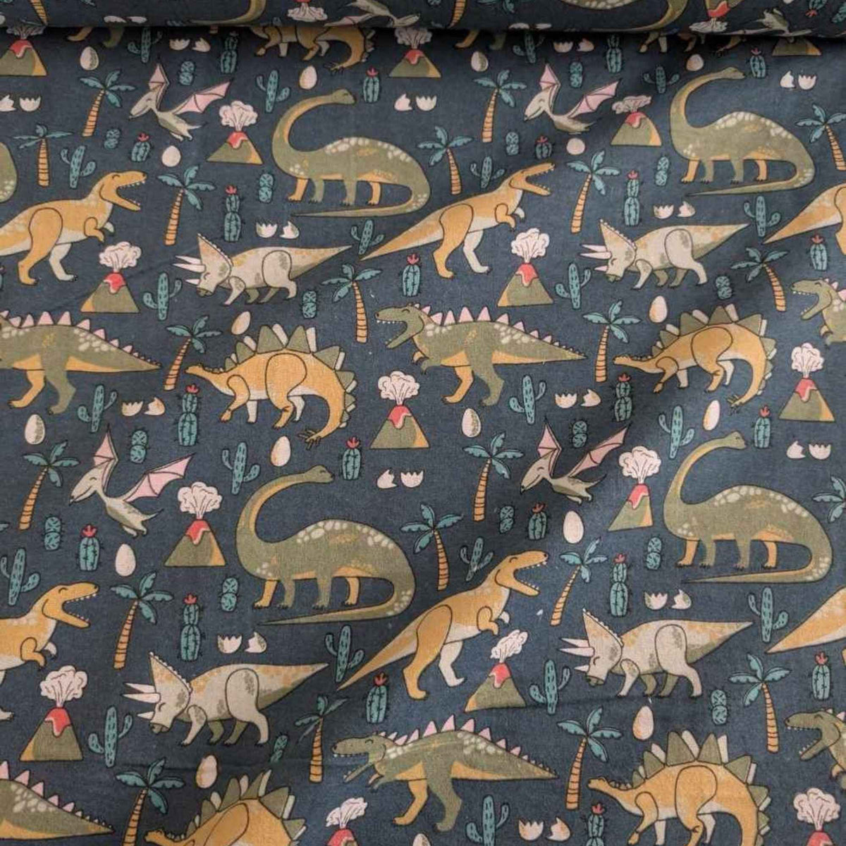 Dinosaur Adventure Cotton FLANNEL – Dark Green | Volcano, Palm Tree and Dino Print