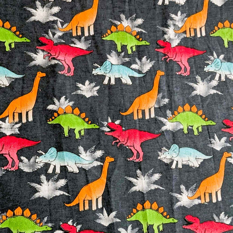 Dinosaur Cotton Flannel – Multicolor Dinosaurs on Charcoal