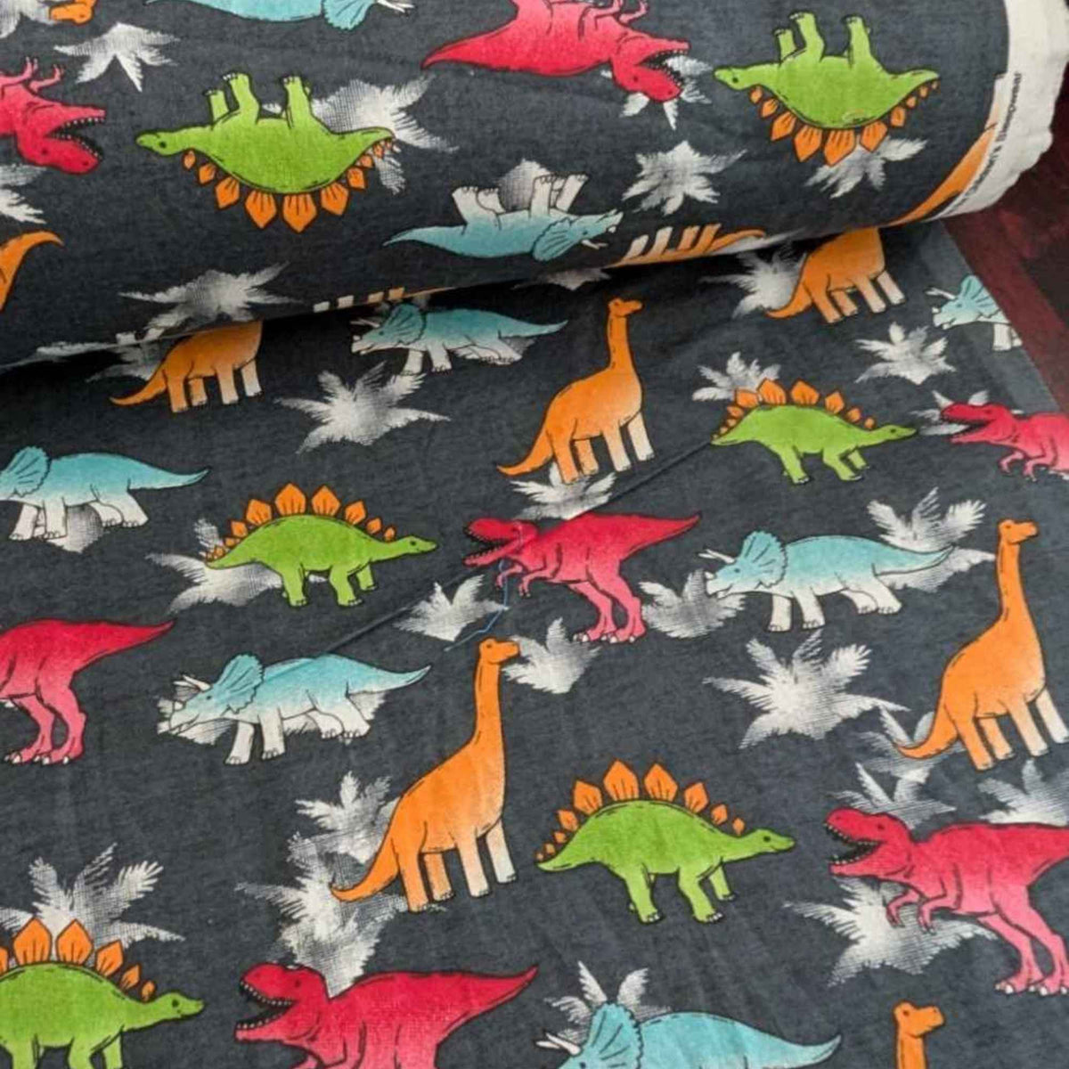 Dinosaur Cotton Flannel – Multicolor Dinosaurs on Charcoal