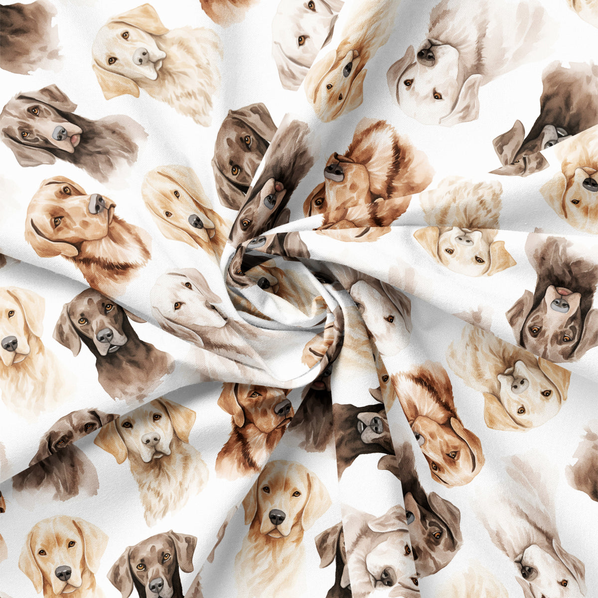 Draped close-up of Paw & Whisker Puppy Heads quilting cotton print.