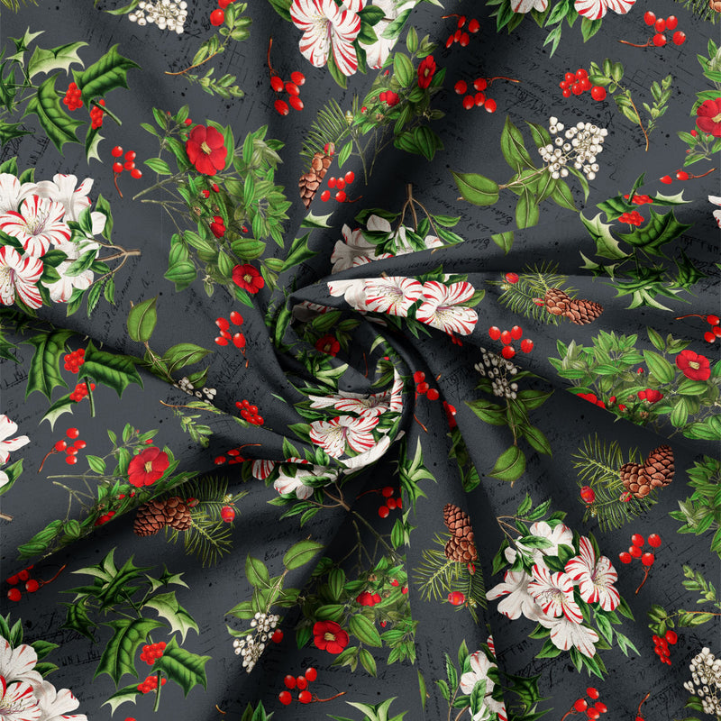 Detail view of Joy to the World Holiday Botanicals on Charcoal quilting cotton showing print scale and drape.