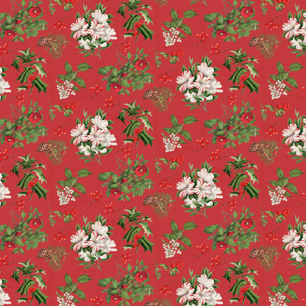 Joy to the World quilting cotton: Holiday Botanicals on Red featuring a tossed mix of holly leaves, red berries, pinecones, evergreen sprigs, and candy-striped blossoms on a classic red ground.