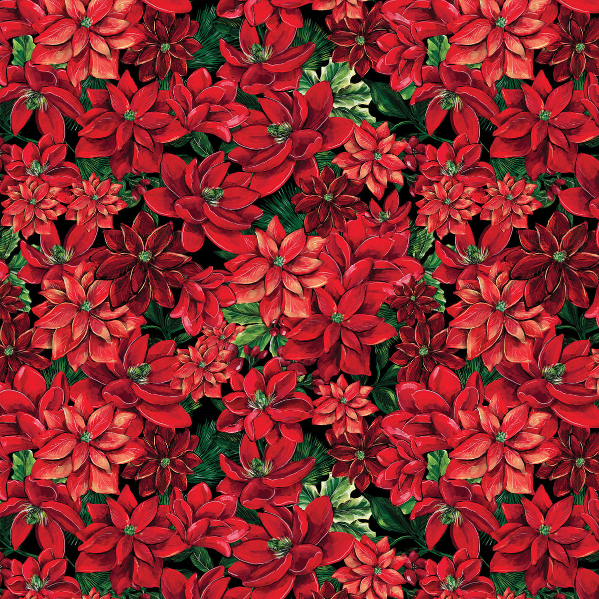 Joy to the World quilting cotton: Poinsettia Blooms on Black featuring lush poinsettia blossoms in layered reds and burgundies with evergreen foliage on a deep black ground.