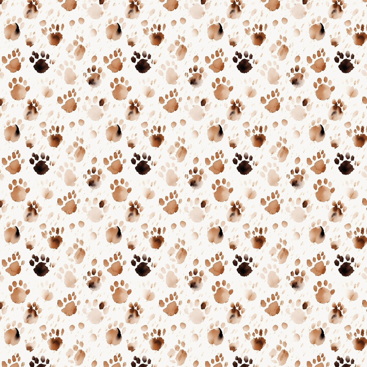 Paw & Whisker quilting cotton featuring small paw prints scattered in browns and blacks on a warm neutral background.