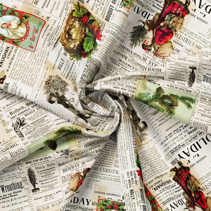 Detail view of Joy to the World Vintage Christmas Ephemera Collage quilting cotton showing print scale and drape.