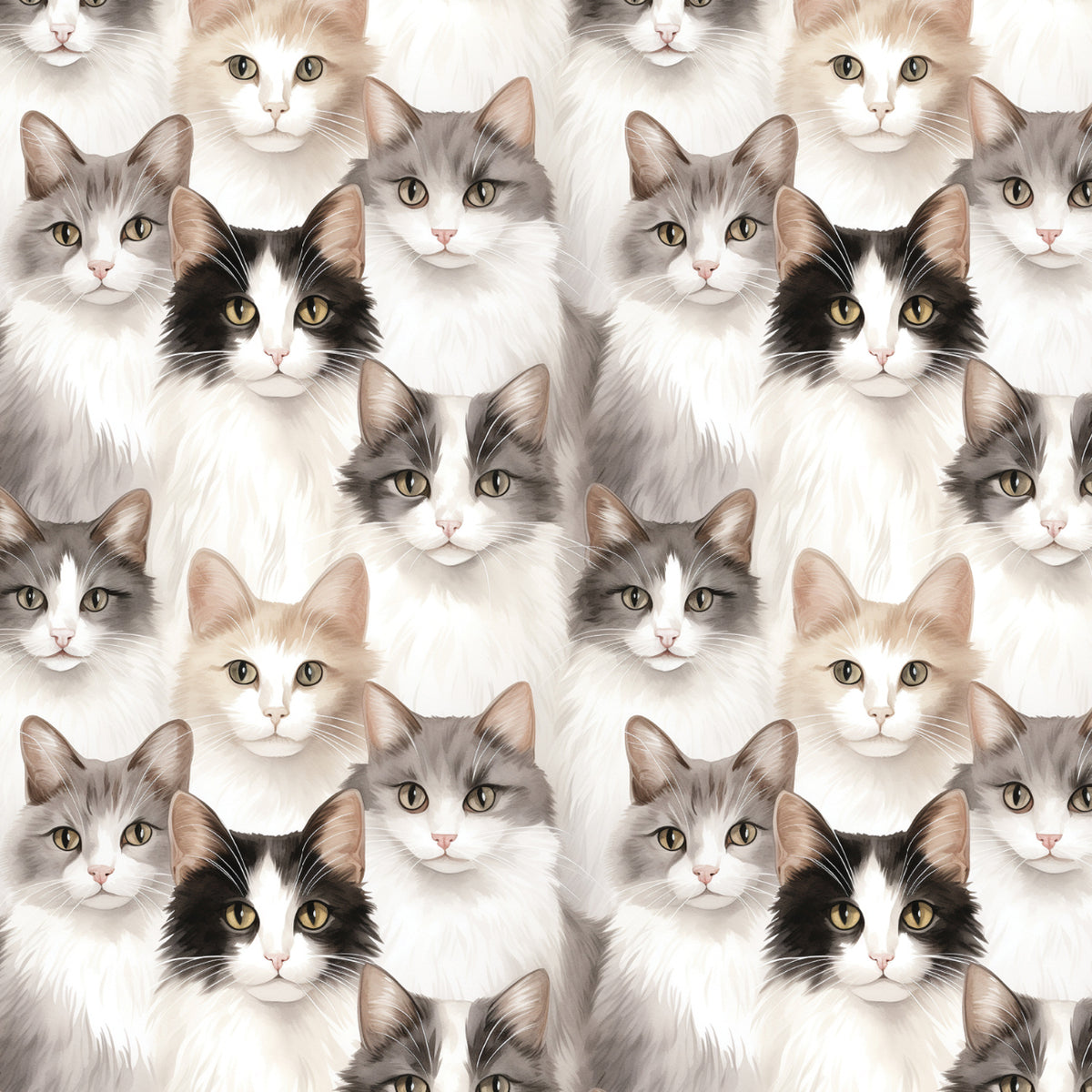 Paw & Whisker quilting cotton featuring watercolor cat faces in soft gray, cream, and black on an ivory background.