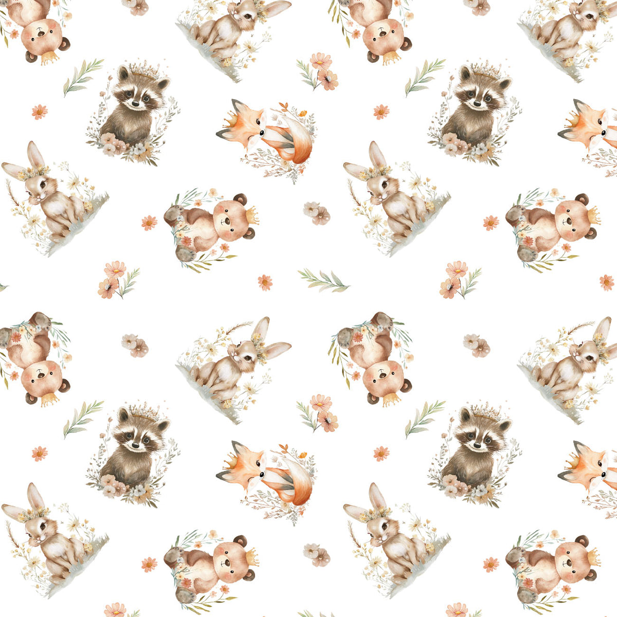Woodland Baby Animals Toss White quilting cotton print