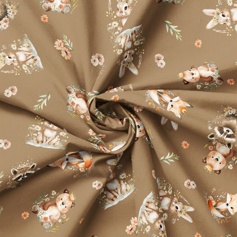 Close-up of Woodland Baby Animals Toss Taupe fabric drape