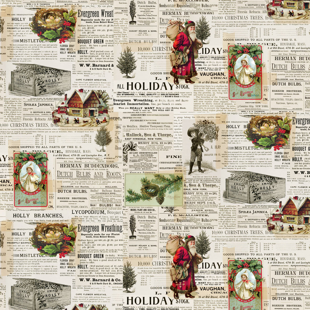 Joy to the World quilting cotton: Vintage Christmas Ephemera Collage featuring a nostalgic collage of vintage holiday ads, Santas, wreaths, cabins, and Victorian Christmas cards on an antique paper background.