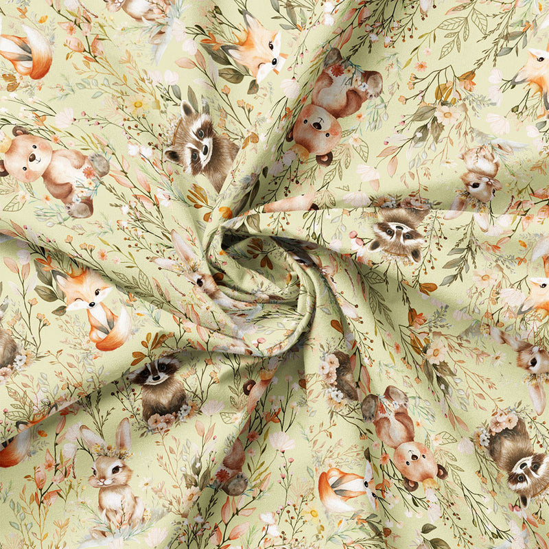 Close-up of Woodland Friends Scenic Sage fabric drape