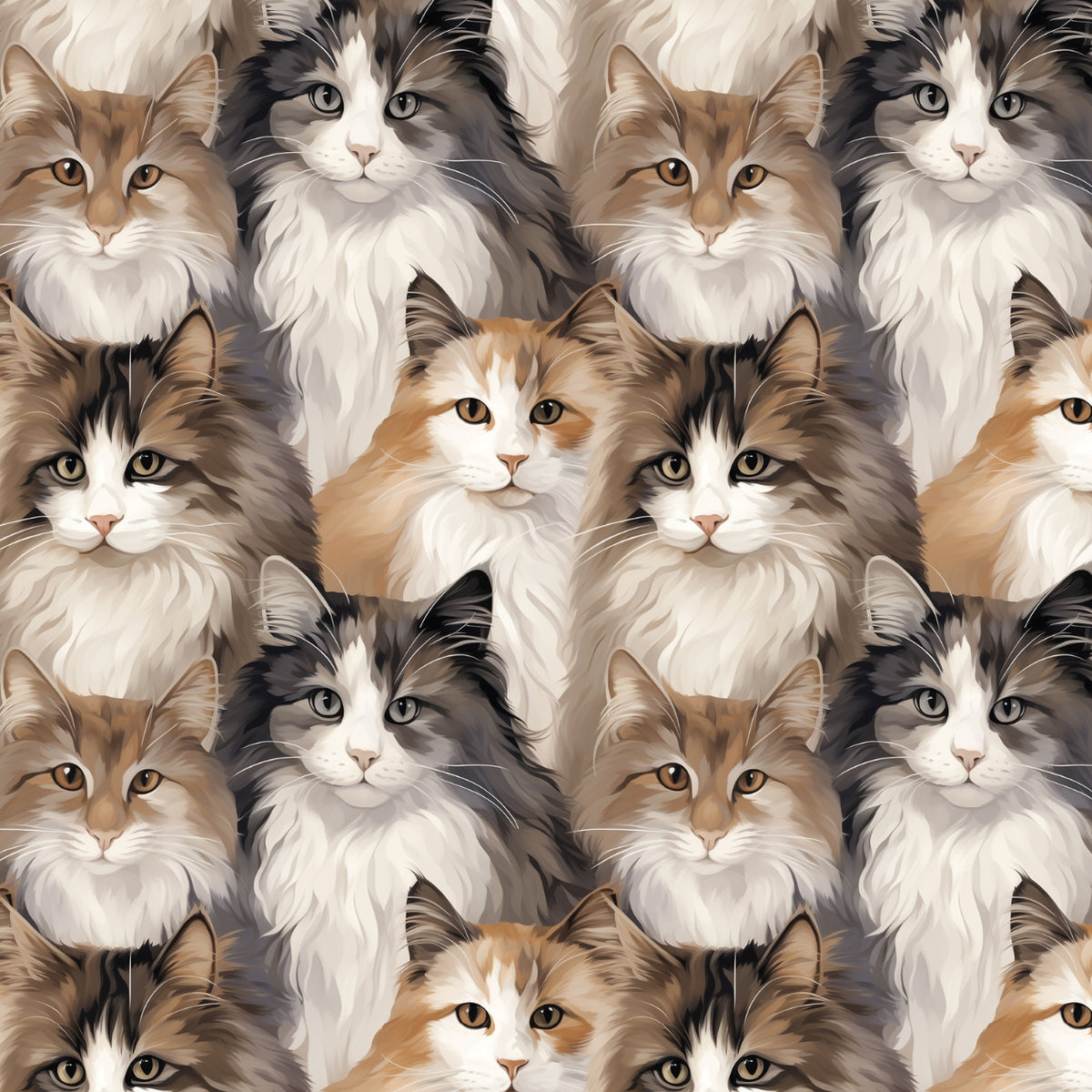 Paw & Whisker quilting cotton featuring fluffy longhair cats in warm tans, creams, and grays, scattered on a light background.