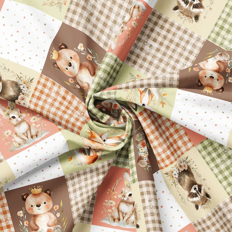 Close-up of Woodland Patchwork Blocks fabric drape