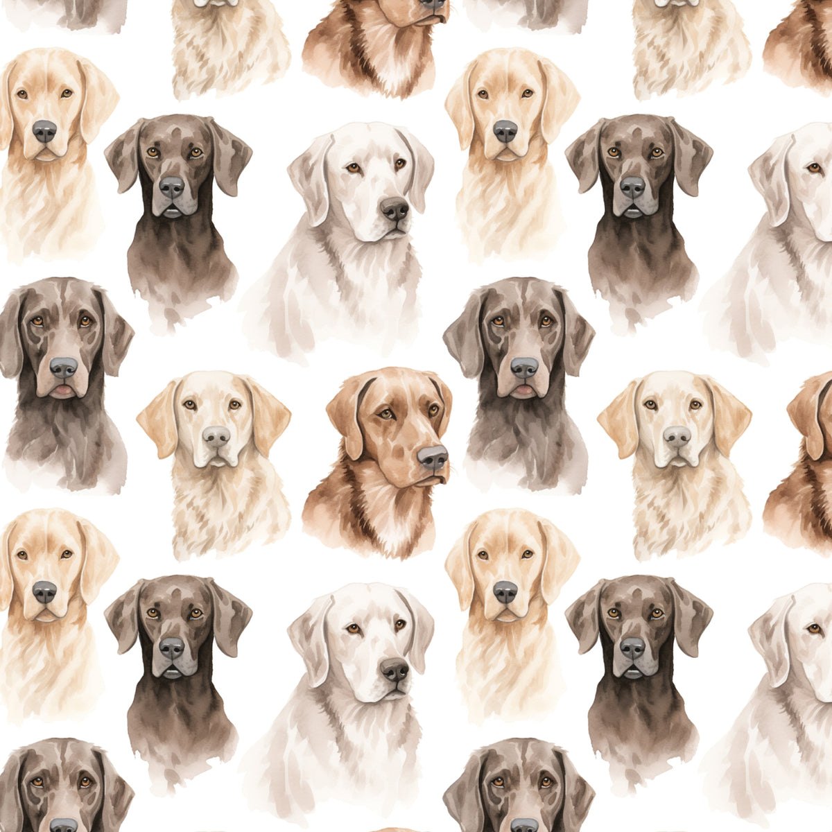 Paw & Whisker quilting cotton featuring soft watercolor dog faces in neutral tones spaced on a white background.