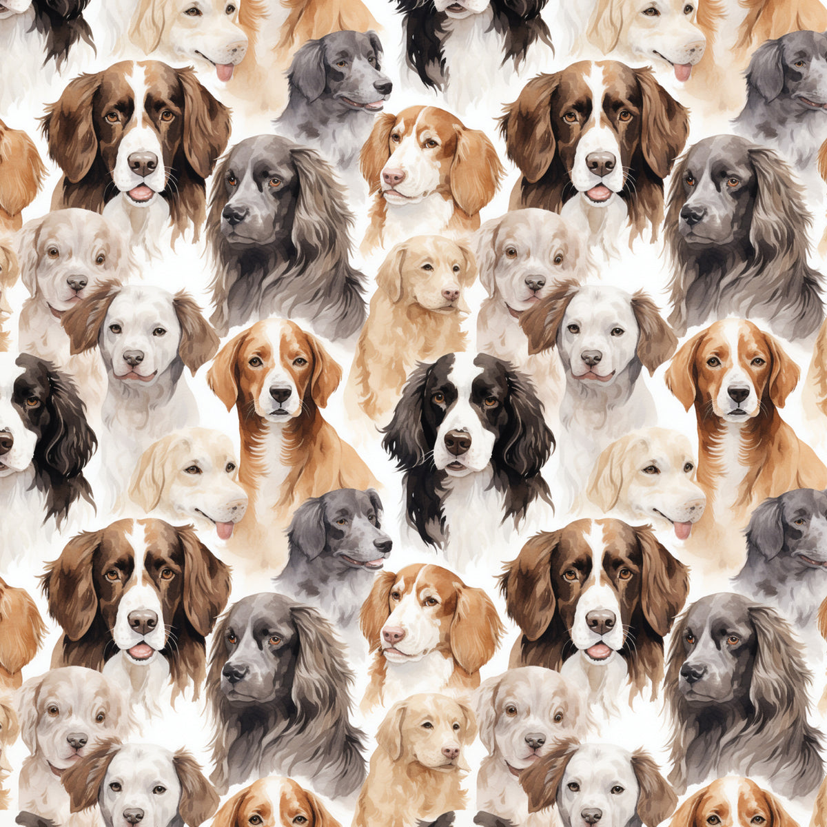 Paw & Whisker quilting cotton featuring watercolor dog portraits in assorted breeds and coat colors on a light background.