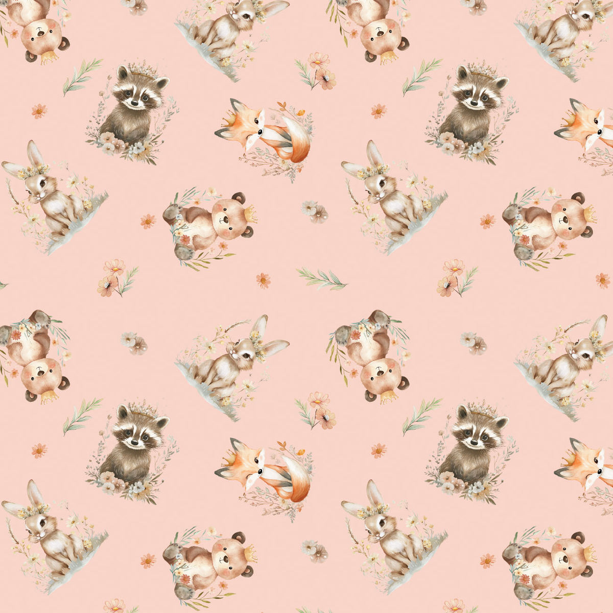 Woodland Baby Animals Toss Blush quilting cotton print