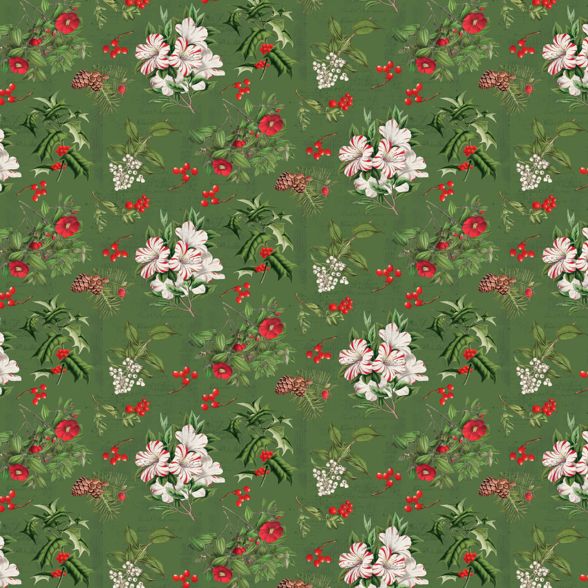 Joy to the World quilting cotton: Holiday Botanicals on Green featuring a tossed mix of holly leaves, red berries, pinecones, evergreen sprigs, and candy-striped blossoms on a deep green ground.