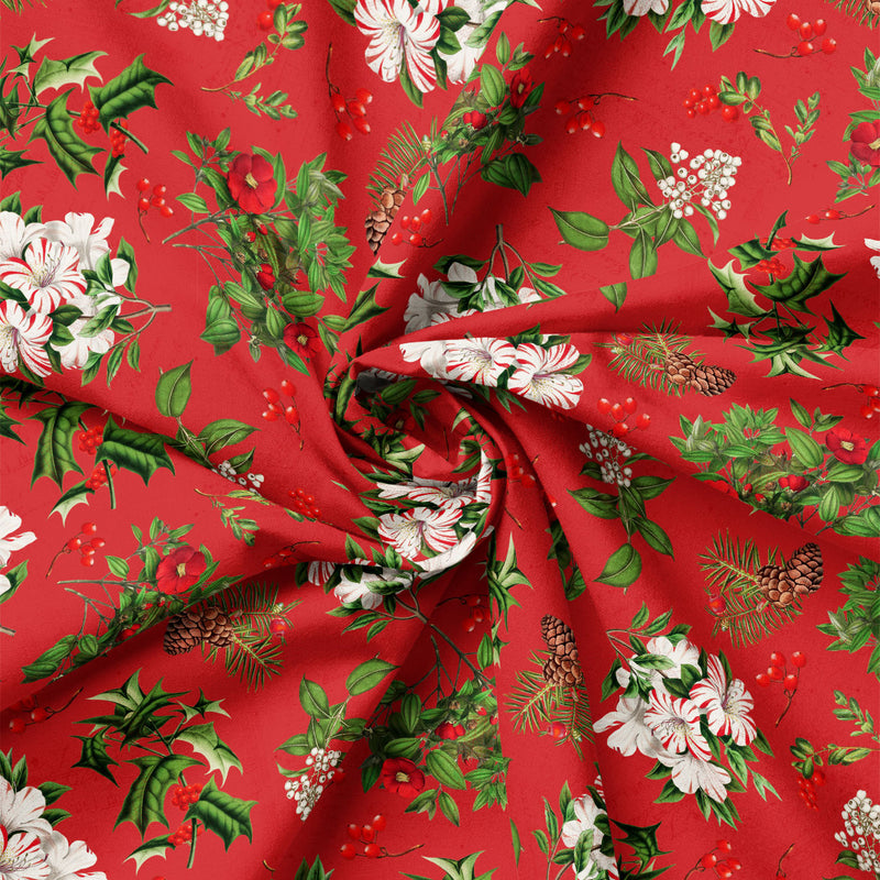 Detail view of Joy to the World Holiday Botanicals on Red quilting cotton showing print scale and drape.