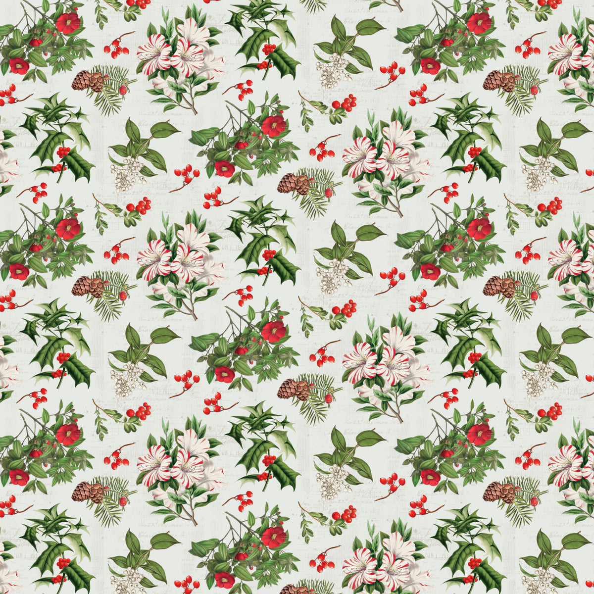 Joy to the World quilting cotton: Holiday Botanicals on Cream featuring a tossed mix of holly leaves, red berries, pinecones, evergreen sprigs, and candy-striped blossoms on a light cream ground.
