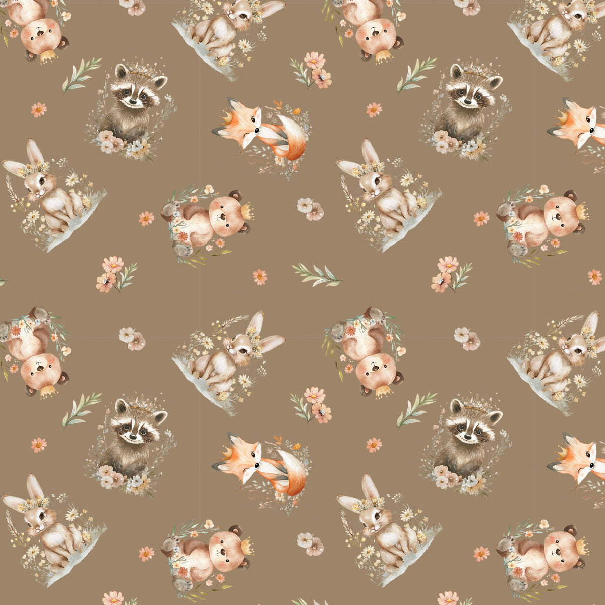 Woodland Baby Animals Toss Taupe quilting cotton print