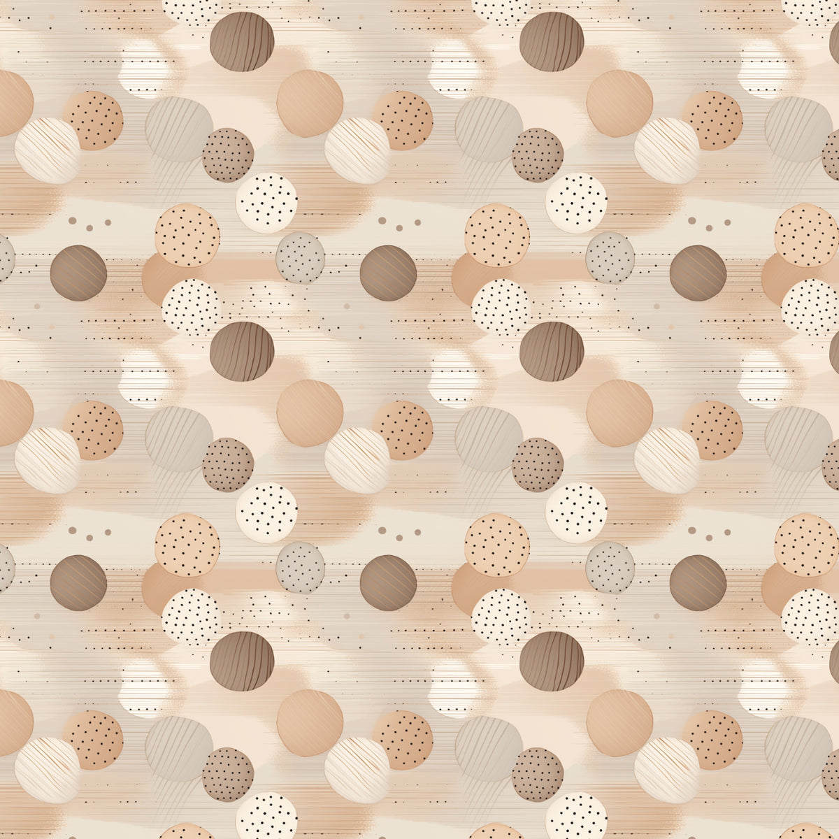 Paw & Whisker quilting cotton featuring mixed polka dots and textured circles in warm neutrals over a light background.