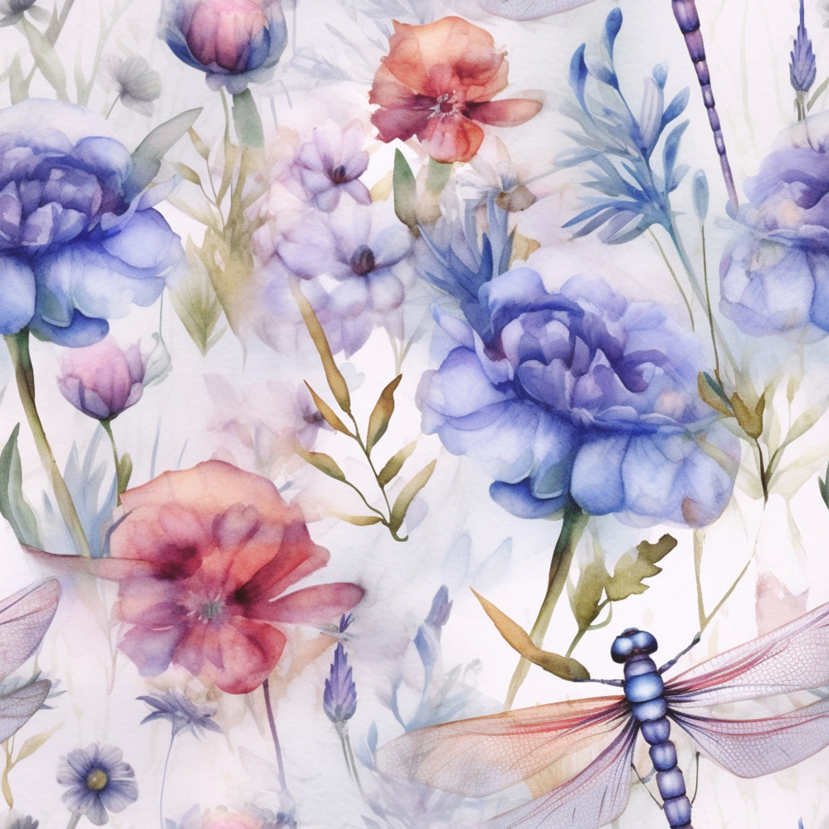 Watercolour Dragonfly Garden exclusive waterproof PUL fabric with blue dragonflies and blue, coral and lavender flowers on white