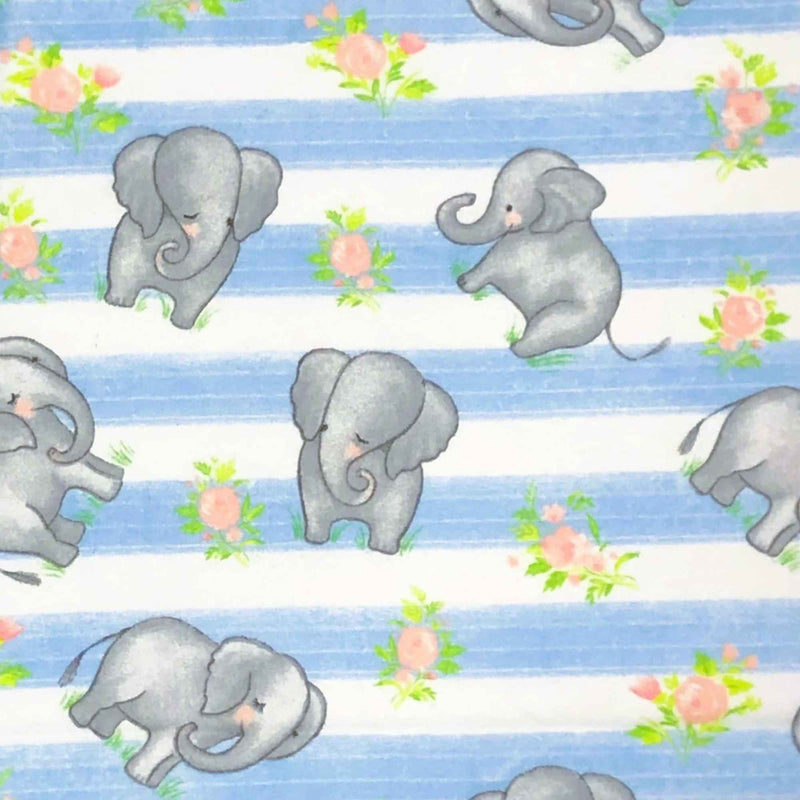 Elephants & Roses Cotton Flannel – Blue Stripes with Baby Elephants & Pink Floral Accents