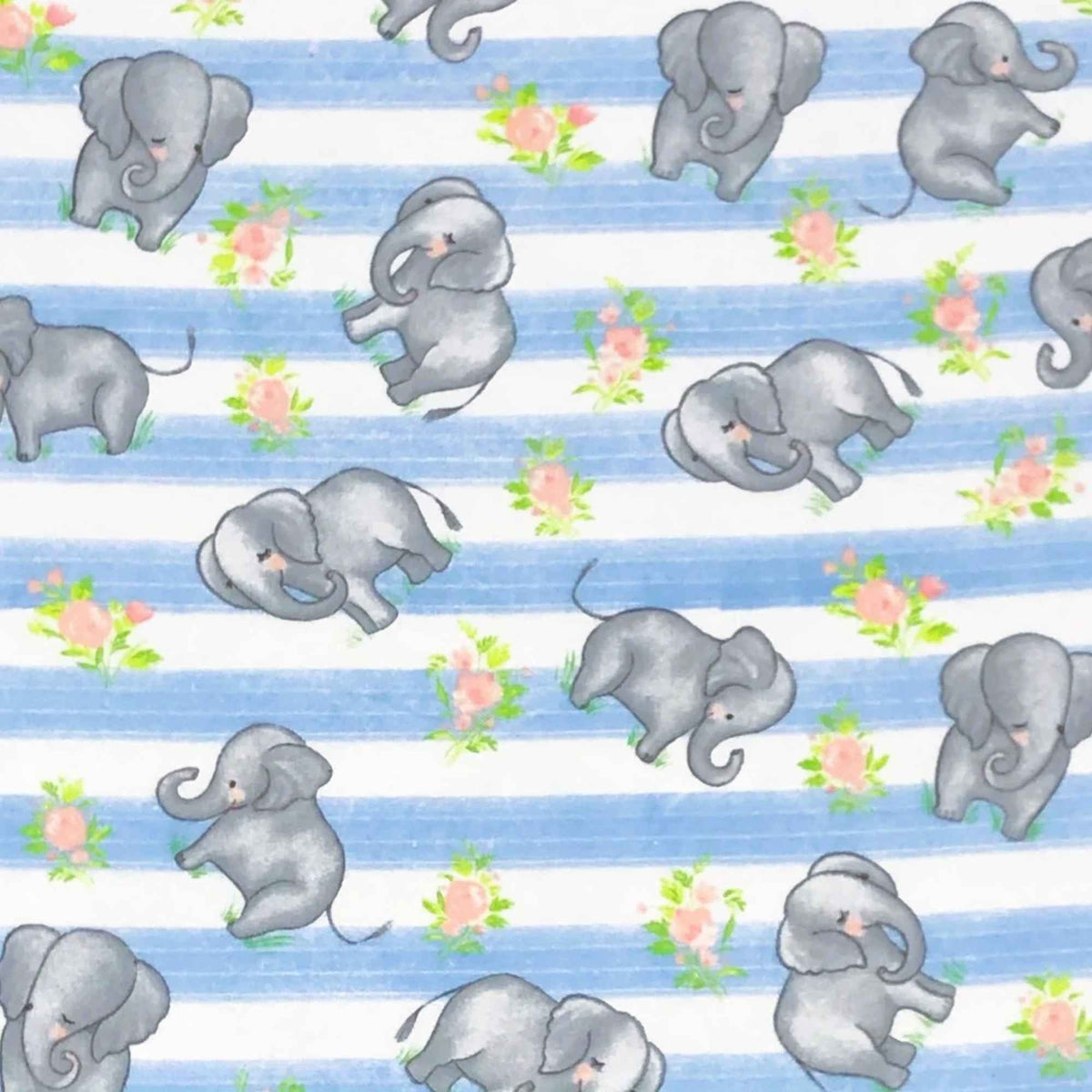 Elephants & Roses Cotton Flannel – Blue Stripes with Baby Elephants & Pink Floral Accents