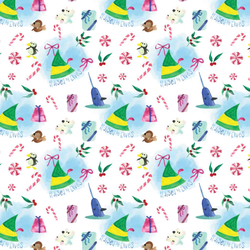 Elf the Movie Raised by Elves Fabric, Hats & Candy Canes – White | 100% Cotton