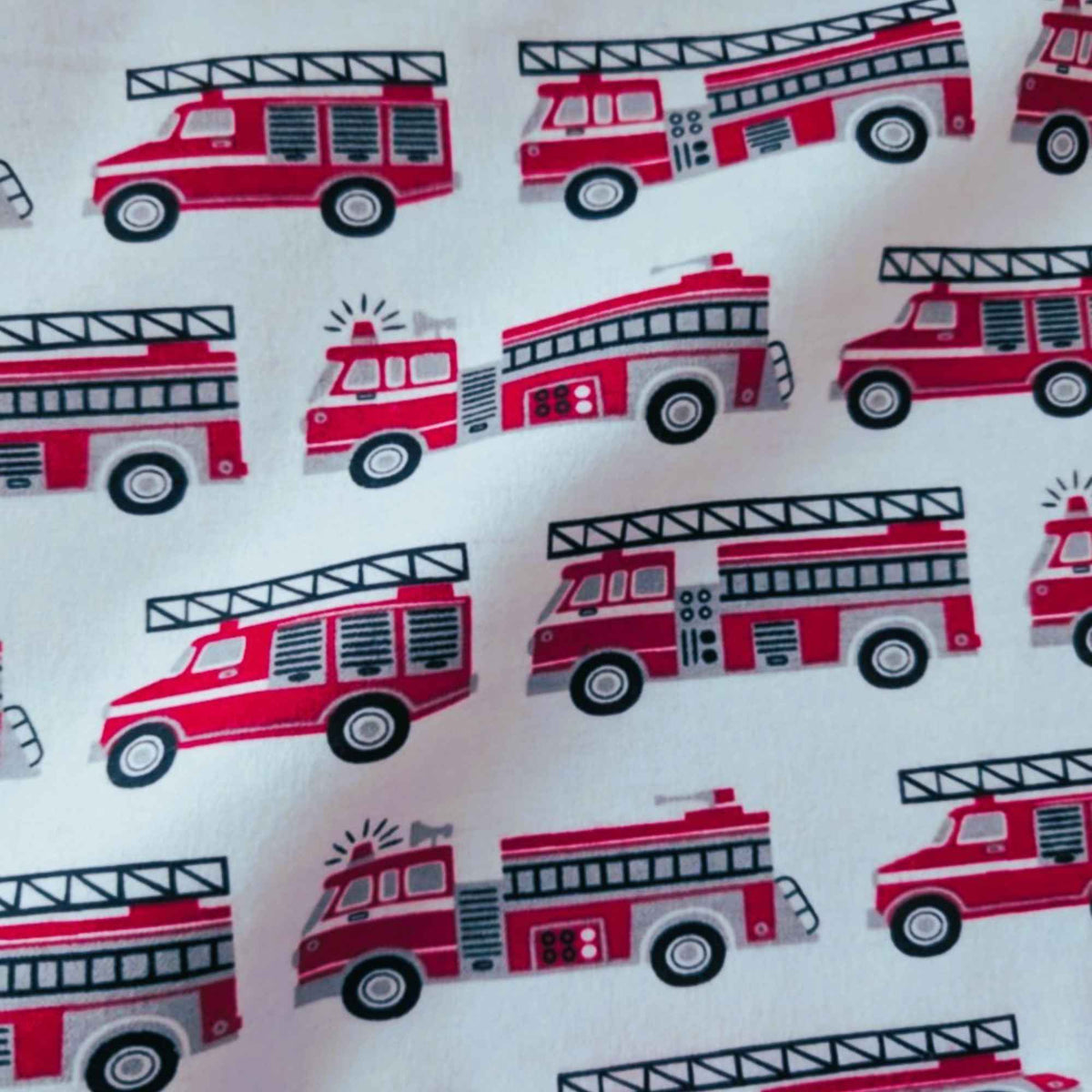 Fire Truck Print on White Cotton Flannel – Brushed Soft Oeko - Tex Standard 100