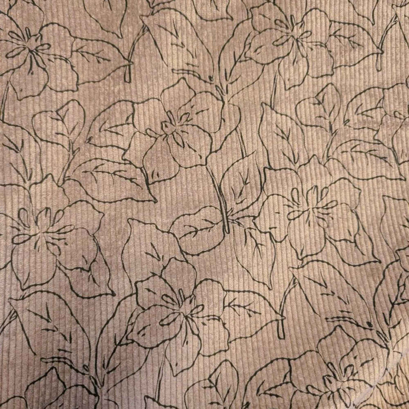 Floral Printed Beige Knit Corduroy Fabric | Polyester Blend Stretch Corduroy