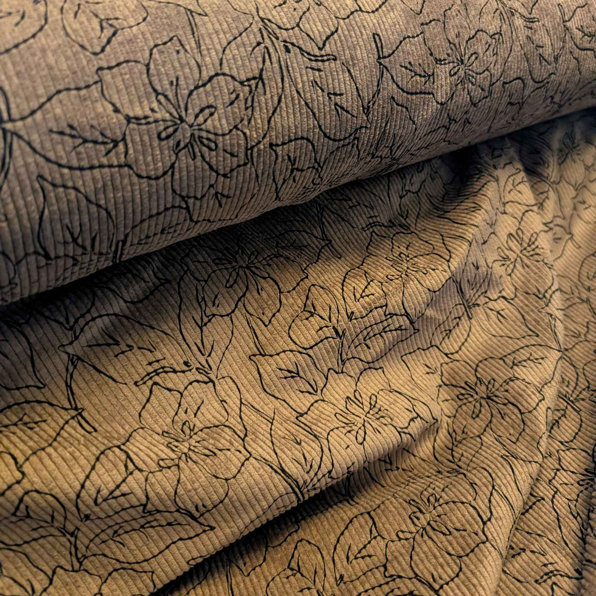 Floral Printed Beige Knit Corduroy Fabric | Polyester Blend Stretch Corduroy