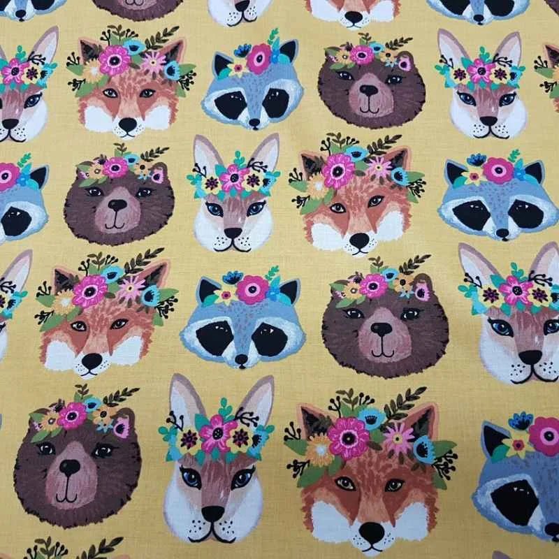 Forest Animal Heads on Mustard Cotton