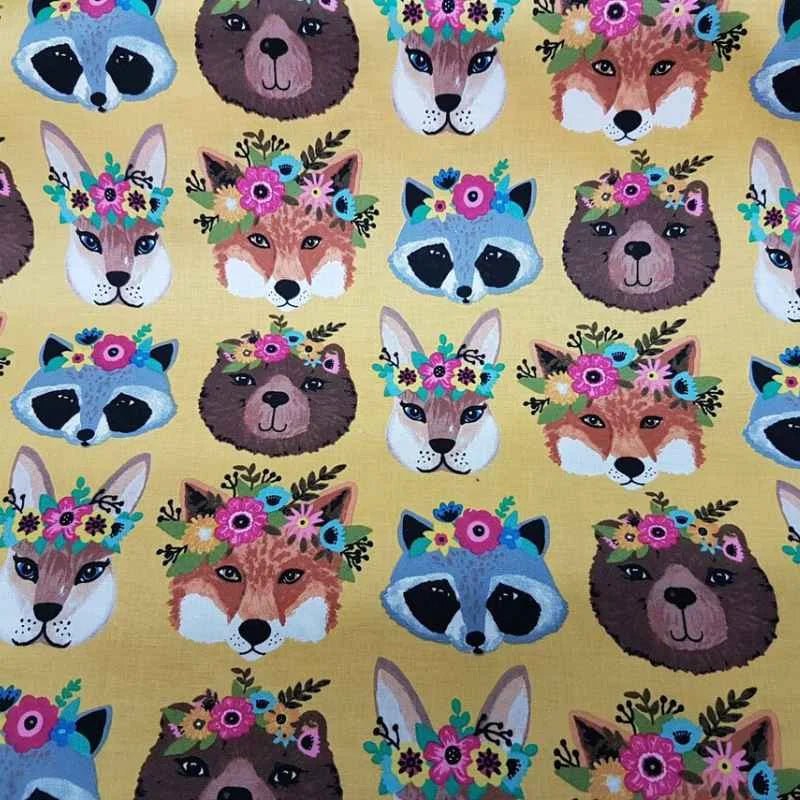 Forest Animal Heads on Mustard Cotton