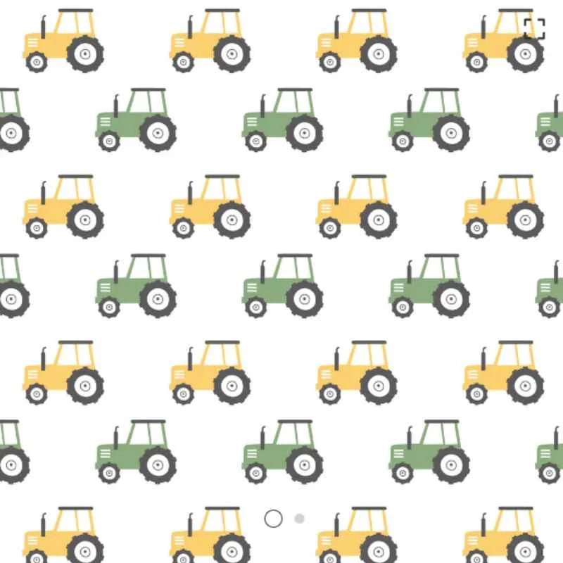 Green and Yellow Tractors on White FLANNEL