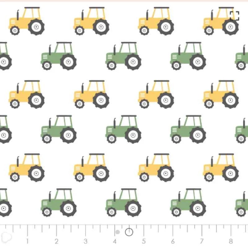 Green and Yellow Tractors on White FLANNEL