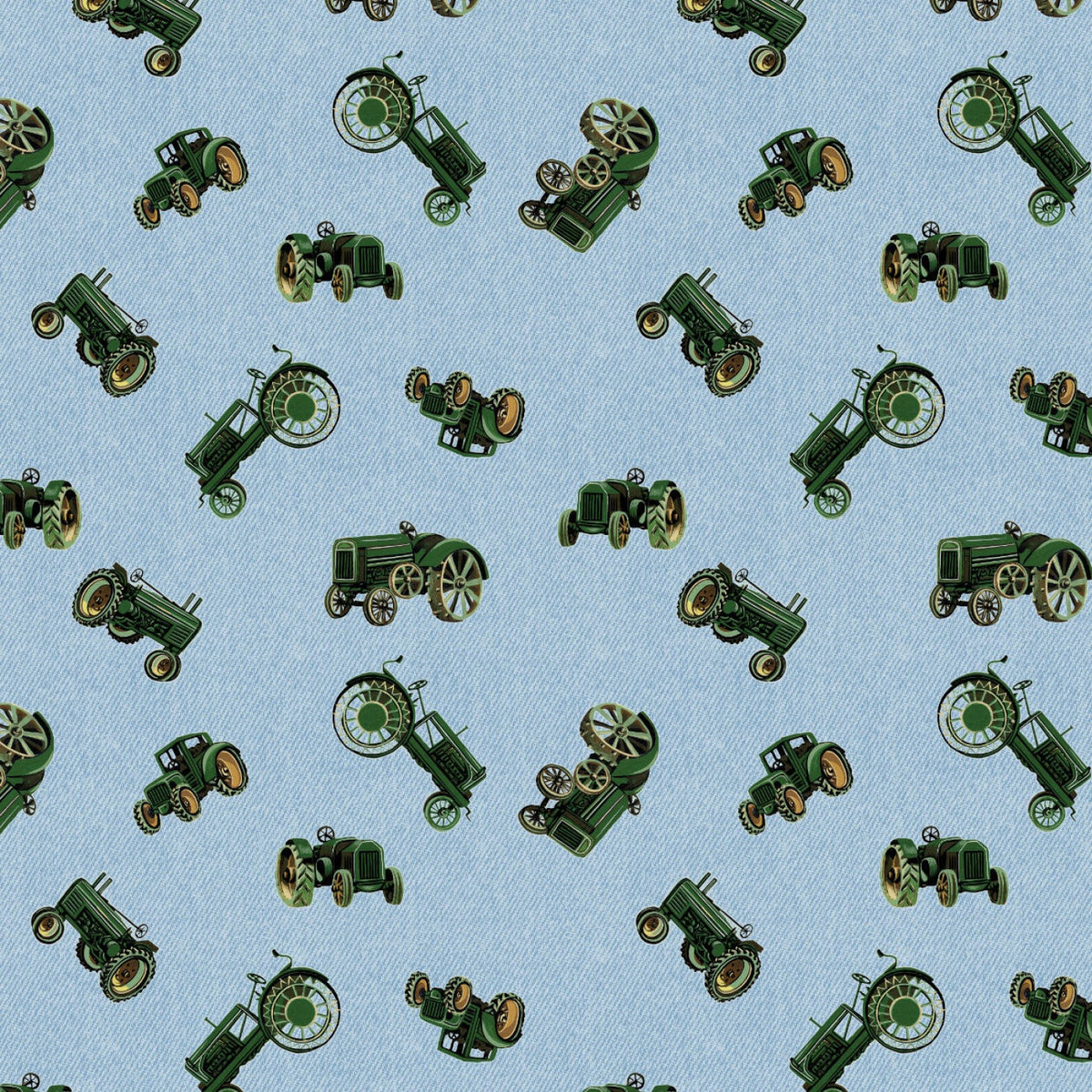 Green Tractors on Blue, Marigold Homestead Camelot fabrics