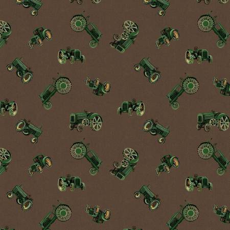 Green Tractors on Brown, Marigold Homestead Camelot fabrics