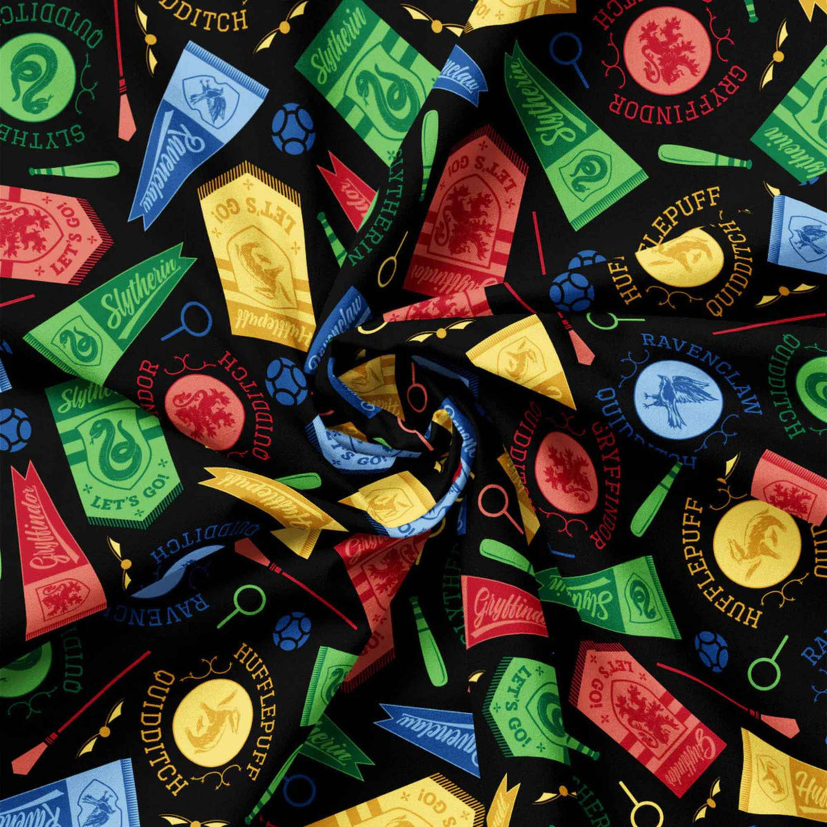 Harry Potter™ House Champions Banners Quilting Cotton – Black | Multi - House Quidditch