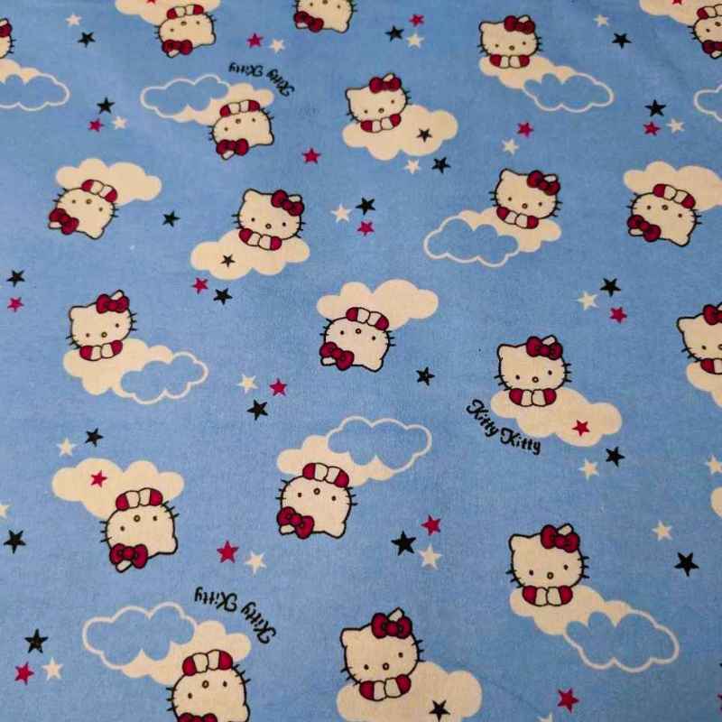 Kitty Cat FLANNEL, cloud and stars on light blue background