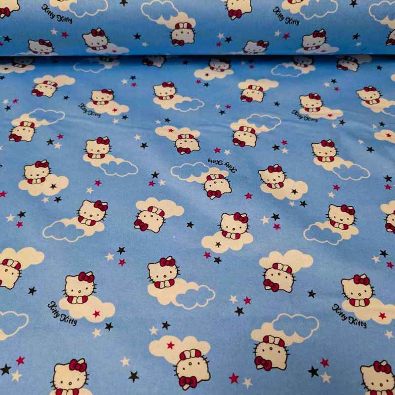 Kitty Cat FLANNEL, cloud and stars on light blue background