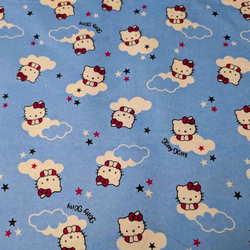 Kitty Cat FLANNEL, cloud and stars on light blue background