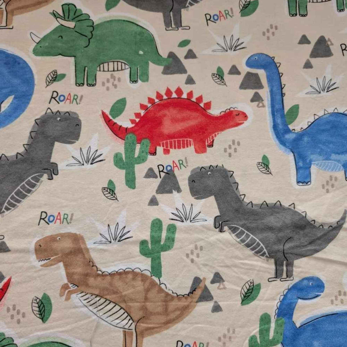 Large Dinosaurs Cotton Flannel – Multicolor Dino Print on Beige – Roar! Kids Fabric